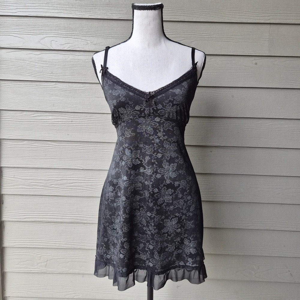 Black Babydoll Y2K Slip Dress M Dark Coquette Fairy Grunge Whimsigoth Romantic